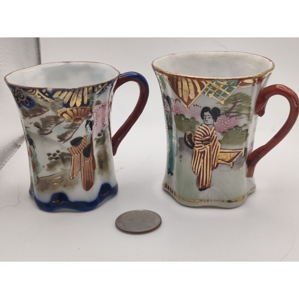Vintage Japanese Teacups with Geisha Design - Set of 2- antique